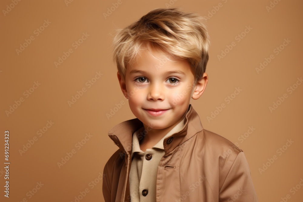 Cute little boy with blond hair and brown coat on brown background Cute little boy with blond hair and brown coat on brown background