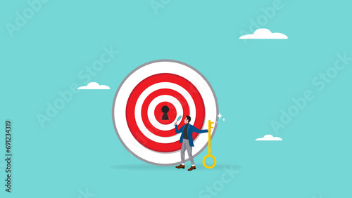 key to success for achieve business target, career achievement or secret for success in work, with the concept of a businessman who likes to observe targets and match them with the key
