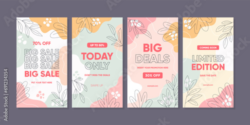 Abstract spring floral colorful design for promotion sale. Trendy abstract template for social media post, border, frame, stories, or advertisement.