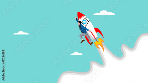 business growth illustration with concept of business people flying on rocket, successful business people illustration, financial growth concept, profit increase concept