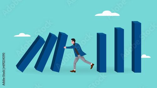 prevent economic recession illustration with concept of business people stop domino effect or financial chain reaction collapse, stop loss to avoid market crash or banking collapse