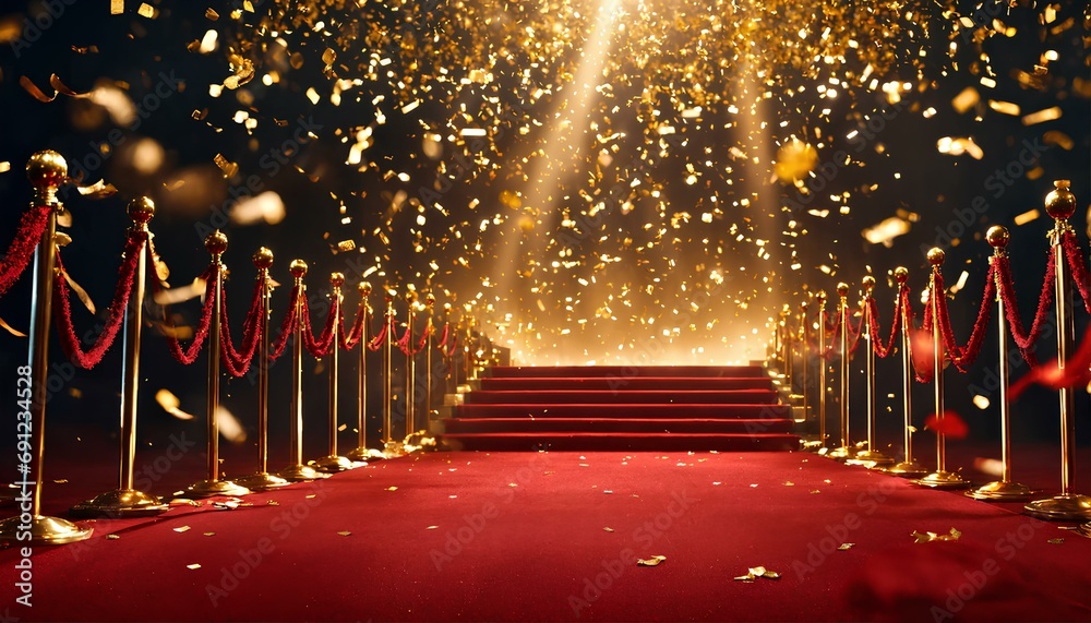金色の紙吹雪が落ちるレッドカーペット、授賞式、背景｜Red carpet with falling golden confetti. Award ceremony, background. Generative AI - obrazy, fototapety, plakaty 