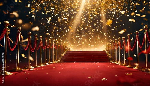 金色の紙吹雪が落ちるレッドカーペット、授賞式、背景｜Red carpet with falling golden confetti. Award ceremony, background. Generative AI photo