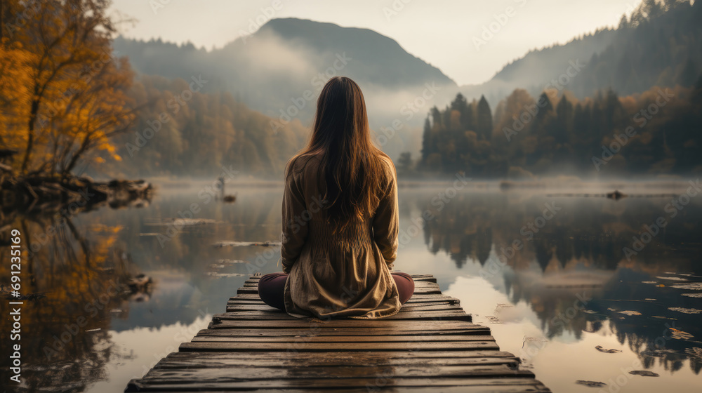 Young woman meditating on wooden pier early morning - obrazy, fototapety, plakaty 