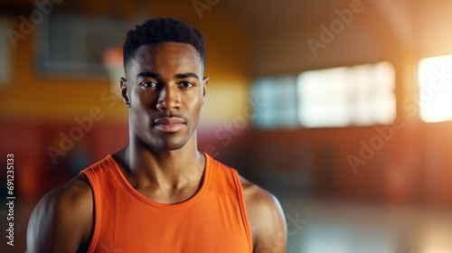 Portrait of afro american male basketball player with a ball over sport hall background. Fit young man in sportswear holding basketball.