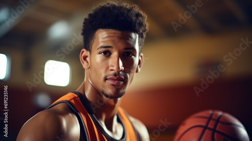 Portrait of afro american male basketball player with a ball over sport hall background. Fit young man in sportswear holding basketball. © PaulShlykov