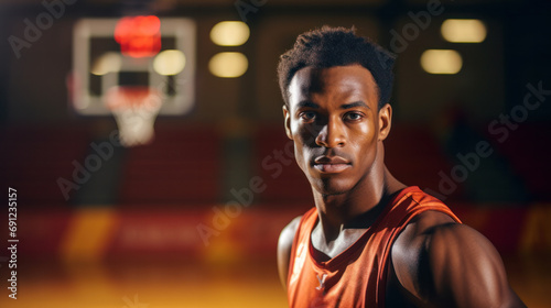 Portrait of afro american male basketball player with a ball over sport hall background. Fit young man in sportswear holding basketball.