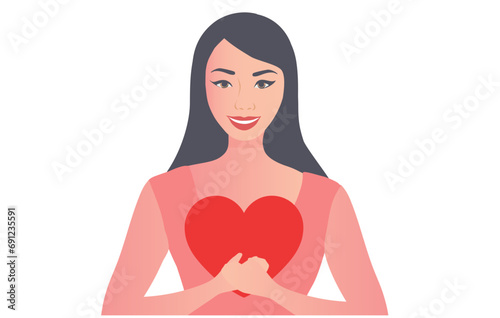 Woman hug red big heart.Self love, care, mindfulness, self acceptance and confidence vector illustration
