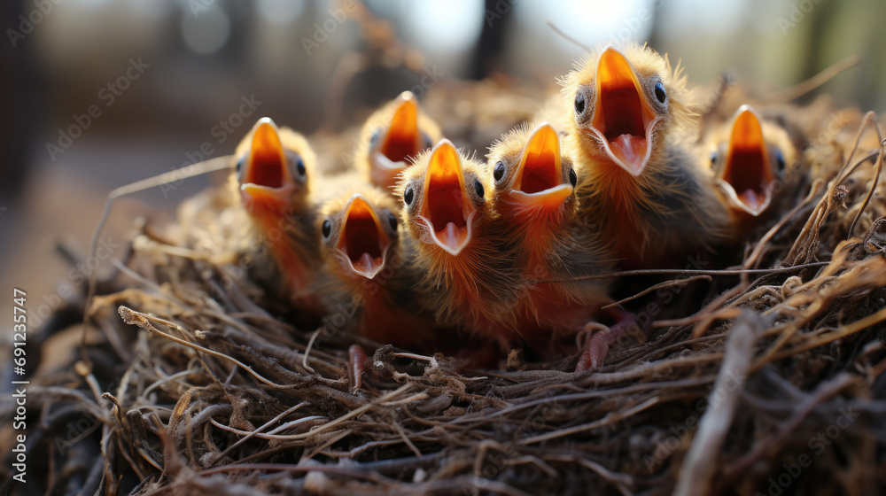 Fototapeta premium Nest full of baby birds with mouths open begging for food