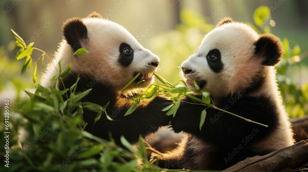 Baby panda cubs eating vegetation in a chinese bamboo forest Baby panda cubs eating vegetation in a chinese bamboo forest