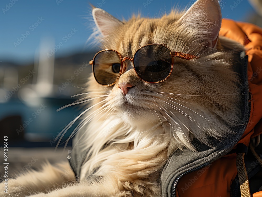 Cat sporting sunglasses, comfortably reclining on ocean in the background