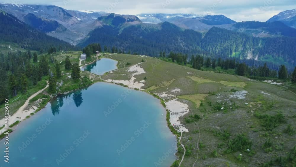 aerial view of a valley with lakes and mountains at distance aerial view of a valley with lakes and mountains at distance