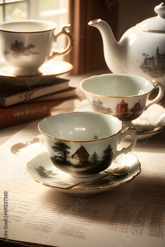 the Hot beverage in ceramic cup and saucer on table