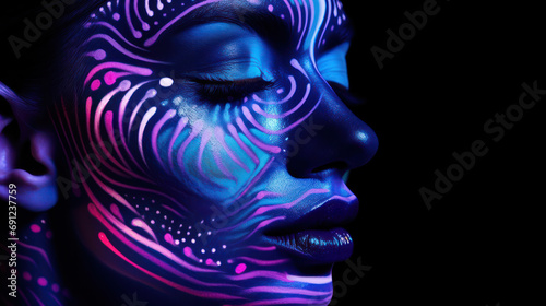 Fashion model woman in neon light  portrait of beautiful model with fluorescent make-up  Art design of female disco dancers posing in UV  colorful make up. Isolated on black background