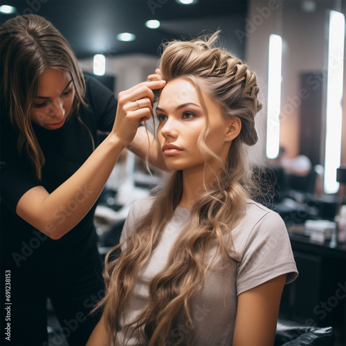 Hair stylist prepares a beautiful bride before the wedding in a beauty salon .