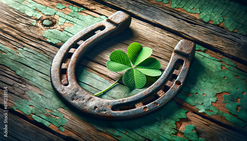 Old horseshoe,with clover leaf icons of Irish Patrick's day and good luck photo