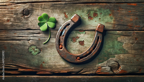 Old horseshoe,with clover leaf icons of Irish Patrick's day and good luck