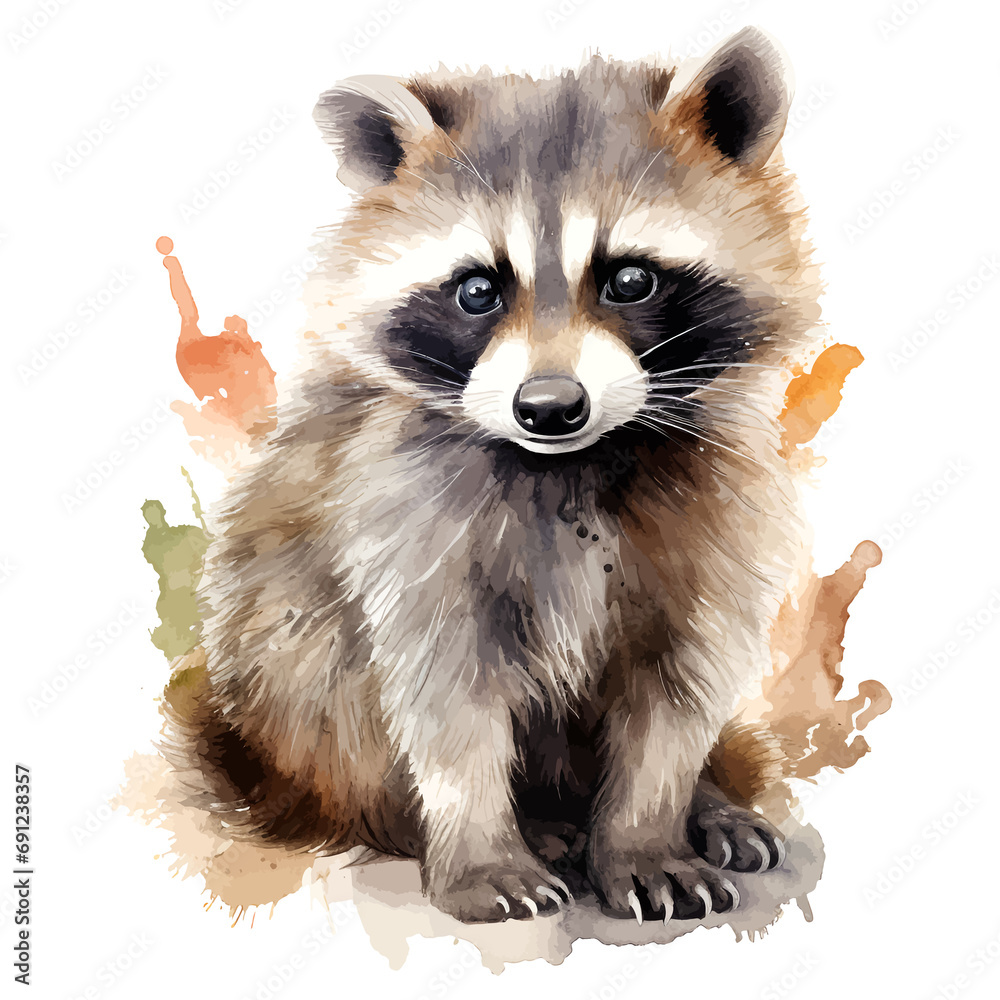 Watercolor raccoon, isolated on transparent background.