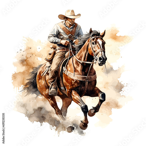 Watercolor cowboy riding horse  isolated on transparent background.