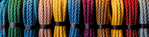 Multicolored climbing ropes for climbing in window of climbing equipment store photo