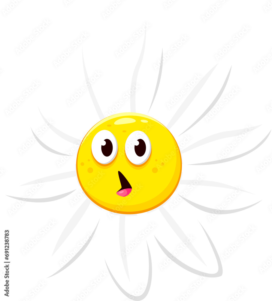 Cartoon chamomile, daisy flower character with surprised face emotion. Isolated vector funny blossom emoji express astonished facial expression with wide open mouth and goggle eyes, shocked feelings