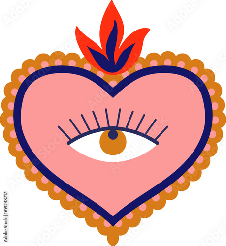Mexico sacred heart retro sticker. Mexico spiritual decoration, Christian religion sacred symbol apparel print or Latin America culture love tattoo or God heart with fire and eye vector patch