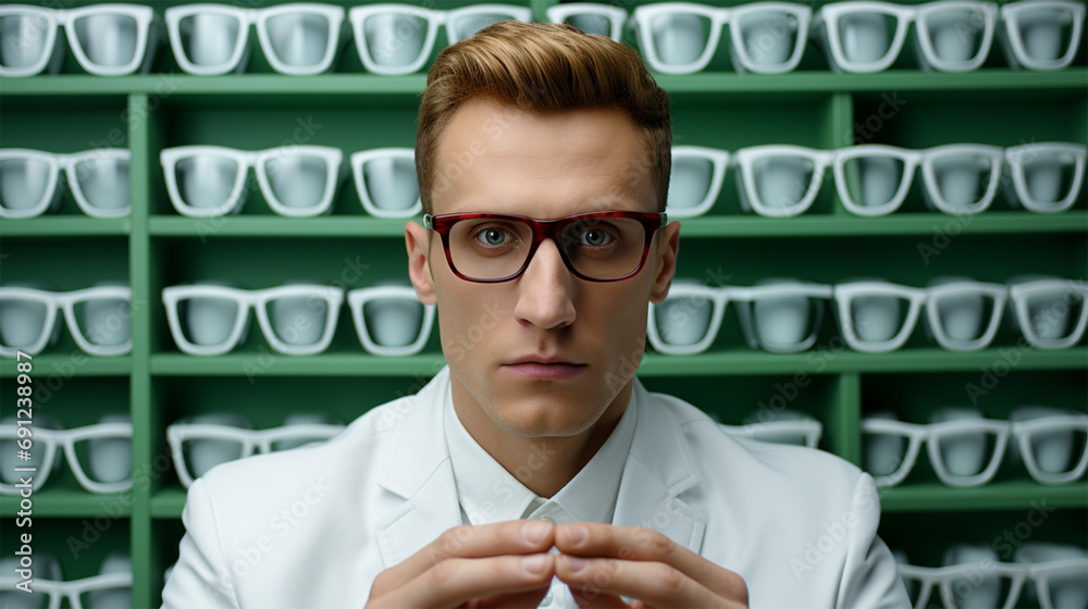 business man in glasses, white suit against the background of mint ...