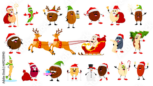 Cartoon christmas nuts, bean and legume characters. Vector peanut, green pea, walnut or almond. Macadamia, pumpkin or sunflower seeds. Pecan, coconut, brazil or soy bean with cashew or pistachio
