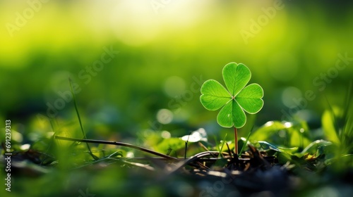 Green shamrock with three leaves on the background. Generative AI. photo