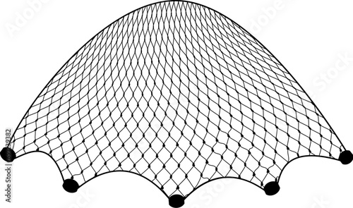 Fish net, isolated fishnet. Isolated 3d vector mesh material with sinkers used in fishing to catch fish. It consists of interconnected knots designed to trap fish while allowing water to flow through photo