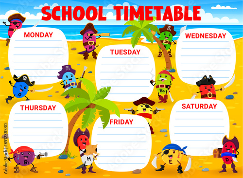 School education timetable with cartoon vitamin and micronutrient pirate characters. School classes vector daily planner with K, H, B1 and D, A, E vitamin corsair cute personages on treasure island