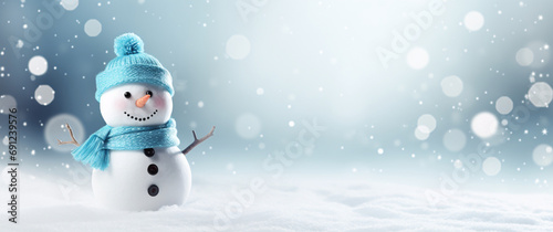 Snowman in the snow with bokeh background, panoramic banner. created with generative AI © drixe