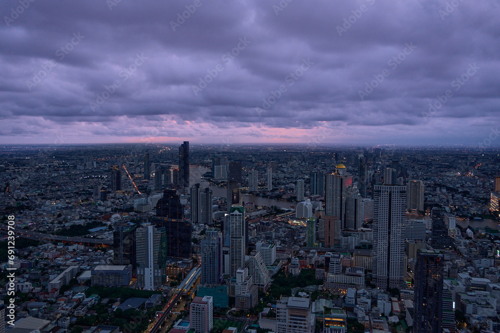 View of the city at sunset in Bangkok.