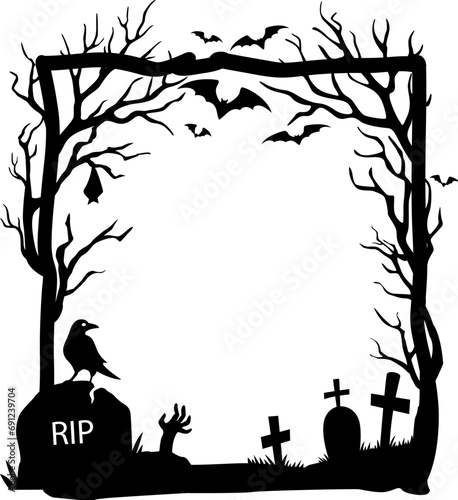 Halloween holiday celebration black frame. Black magic or sorcery spooky banner, Halloween horror creepy vector frame with crow on, cemetery gravestone and cross, dry tree, flying bat and zombi hand