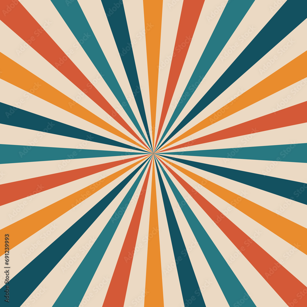 Circus and carnival retro rays background. Vector vibrant square backdrop pulsating with colorful radiating rays of muted blue, red and yellow hues, exudes a nostalgic, energetic vibe of the past