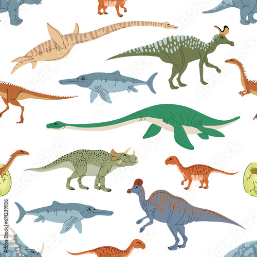 Cartoon dinosaur characters seamless pattern with cute dino animals and egg. Raptor monsters vector background with funny ichthyosaurus  mussaurus and plesiosaurus  styracosaurus and avaceratops
