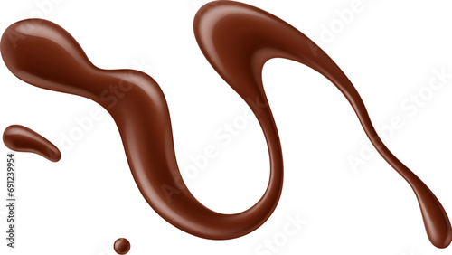 Chocolate sauce or syrup drops of splash and stain with swirl of sweet melt, realistic vector. Candy toffee or chocolate butter and milky choco fudge line smear with drops and stains for confectionery photo