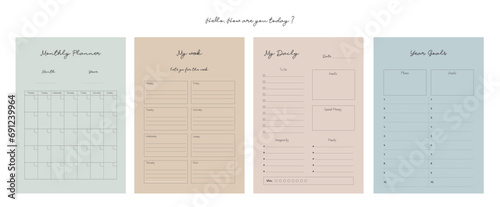 Daily weekly monthly year goals planner. Vector illustration. Minimalist planner template set. 
