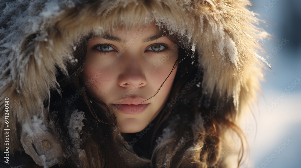 Beautiful Eskimo Lady in Parka Coat with Snow Beautiful Eskimo Lady in Parka Coat with Snow