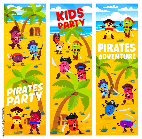 Cartoon vitamin pirates and corsairs on treasure island. Kids holiday event or birthday party posters, vector banners with N, B2, P and C, A, D vitamin or micronutrient corsair pirate cute characters