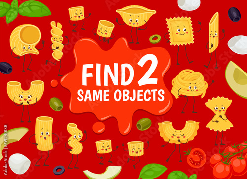 Find two same funny italian pasta characters quiz game worksheet with tomato basil sauce vector background. Matching puzzle with farfalle, eliche, penne, tagliatelle, conchiglie and ravioli personages