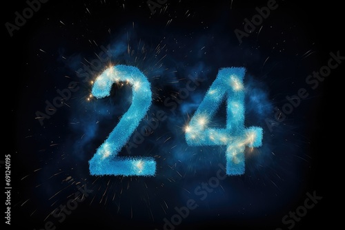 2024 Blue Night Gala, Fireworks, Wooden Numbers, Glowing Background