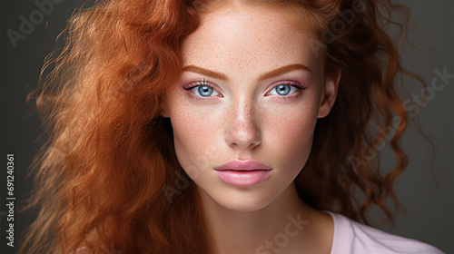 Beautiful red-haired model with sophisticated daytime makeup, close-up. content for beauty salons and fashion magazines.Young red-haired woman with clear skin, freckles and voluminous hair  photo