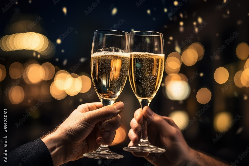 Festive New Year's Eve champagne toast amidst sparkling fireworks and festive