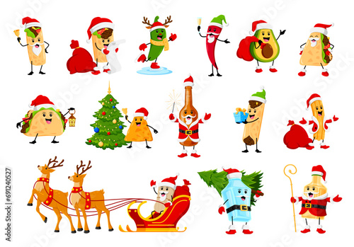 Cartoon christmas tex mex mexican cuisine characters. Vector burrito, chimichanga, jalapeno or chili peppers. Avocado, quesadilla, taco and nachos. Mezcal, tequila, enchiladas, churros or tamales