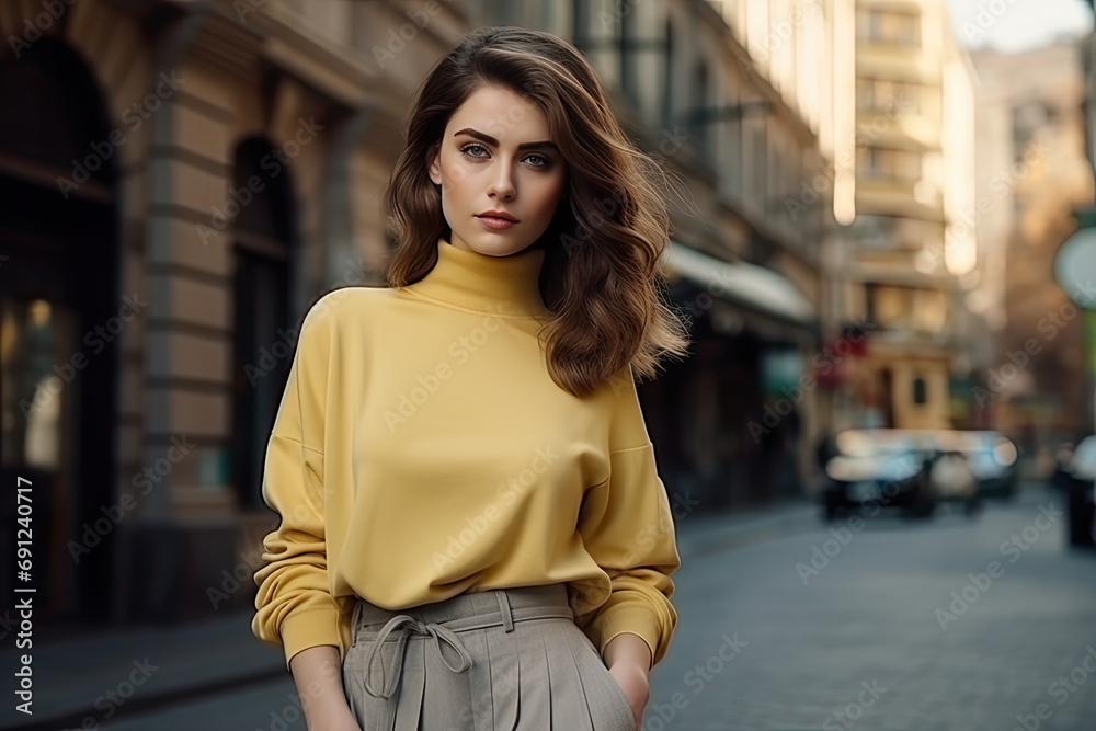 beautiful young stylish girl in fashionable clothes stands on street