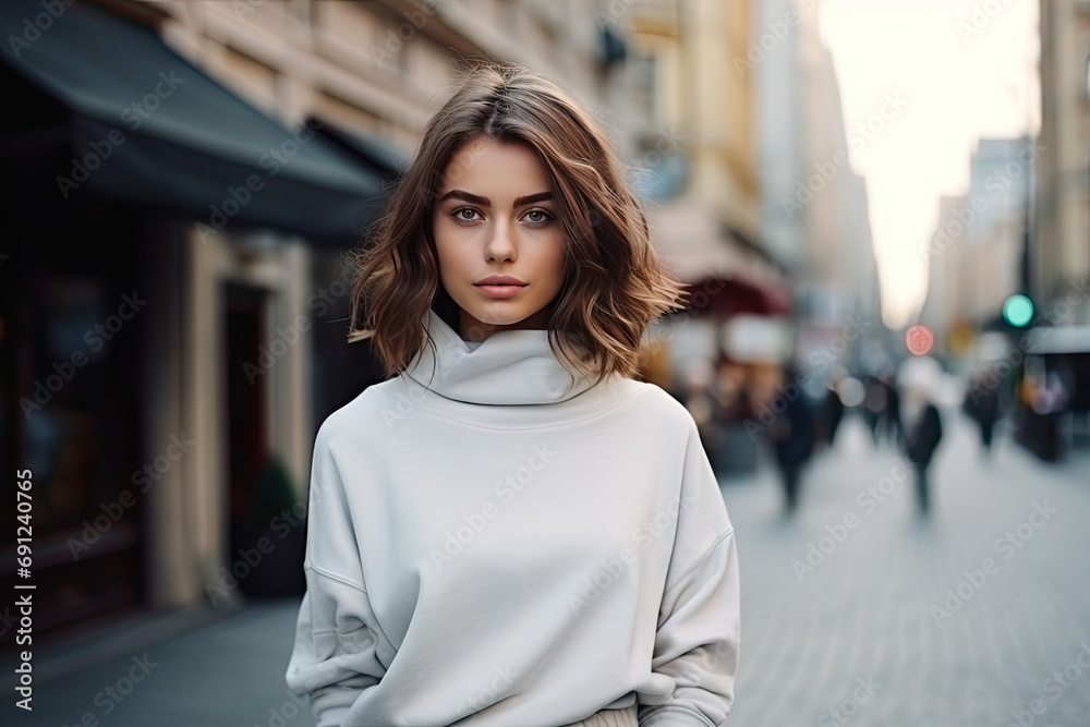 beautiful young stylish girl in fashionable clothes stands on street