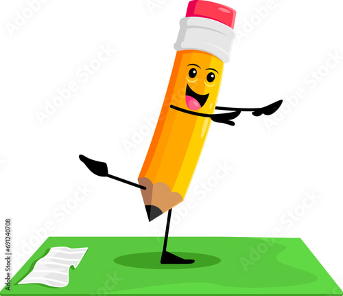 Cartoon pencil school supply character on yoga fitness sport. Isolated vector cheerful personage, finds serenity in a yoga pose, promoting a harmonious blend of education and wellness for students