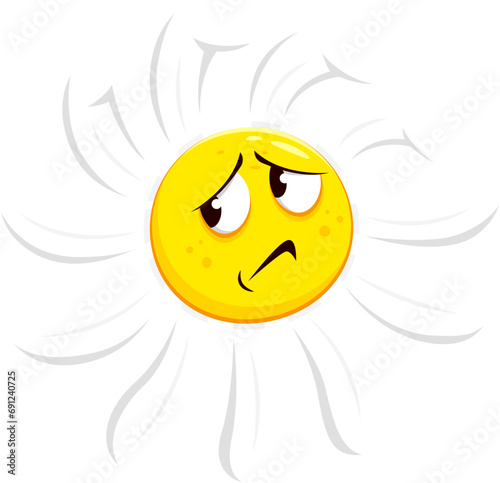 Cartoon chamomile, daisy flower character with sad face emotion. Vector forlorn camomile emotive floral personage with drooping petals, wear a frowning face, reflecting a poignant and melancholic mood