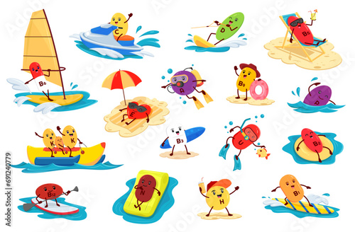 Cartoon vitamin characters on summer beach vacation, vector holiday fun. Funny vitamin pills on sea surfboard or SUP paddleboard, swimming in ocean or snorkeling or riding banana boat at beach